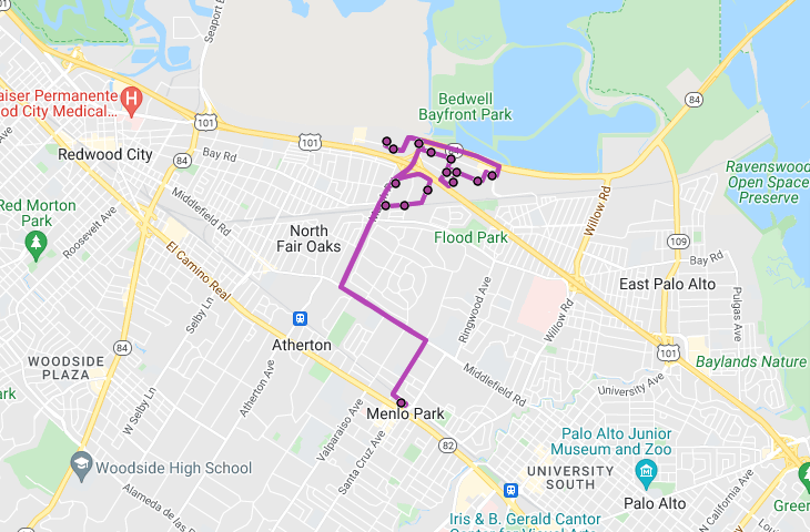 Marsh Road Shuttle route map. The purple line meanders through North Fair Oaks, concluding at Bedwell Bayfront Park. Nearby landmarks include Stanford, Palo Alto, and Redwood City, with major roads like US-101 and El Camino Real clearly marked for commuters.
