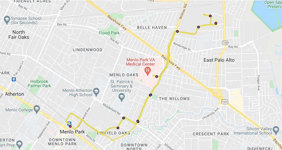 Willow Road shuttle route map in Menlo park, starting at Synapse School, weaving through key streets and neighborhoods, and ending near the Menlo Park VA Medical Center
