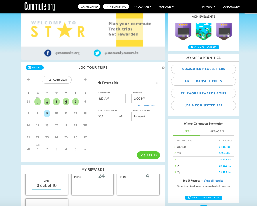 Screenshot of Commute.org STAR platform highlights options for commuters to log trips via calendar and form, track points tally for rewards, and view achievements. Sidebar features commuter incentives like free transit tickets and a leaderboard for the winter commuter promotion.