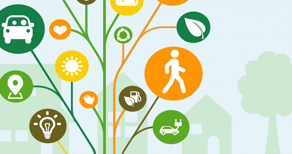 An illustration of a thriving tree with colorful circles, each featuring icons related to transportation and sustainability, like a bicycle, train, car, pedestrian, and eco-friendly symbols. The backdrop shows a house and trees with "Commute.org," reflecting the natural evolution towards greener commuting.
