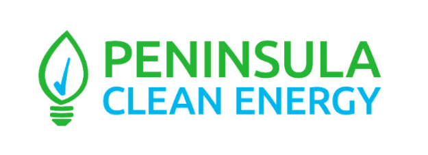 Logo of Peninsula Clean Energy featuring a green lightbulb shape with a blue checkmark inside, next to the text "PENINSULA" in green and "CLEAN ENERGY" in blue.