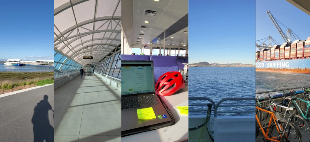 A sequence of five images re-imagines the commute: a ferry at a dock, a covered walkway to the ferry, a laptop and red bike helmet on a ferry seat, views of water and hills, and bicycles parked by a large cargo ship.