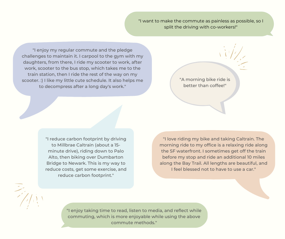 An image depicting six speech bubbles containing quotes about commuting for the 2024 Commuter Challenge. The comments mention carpooling, scootering, biking, and taking public transit as ways to make commuting more pleasant and environmentally friendly. The speech bubbles vary in color and shape.