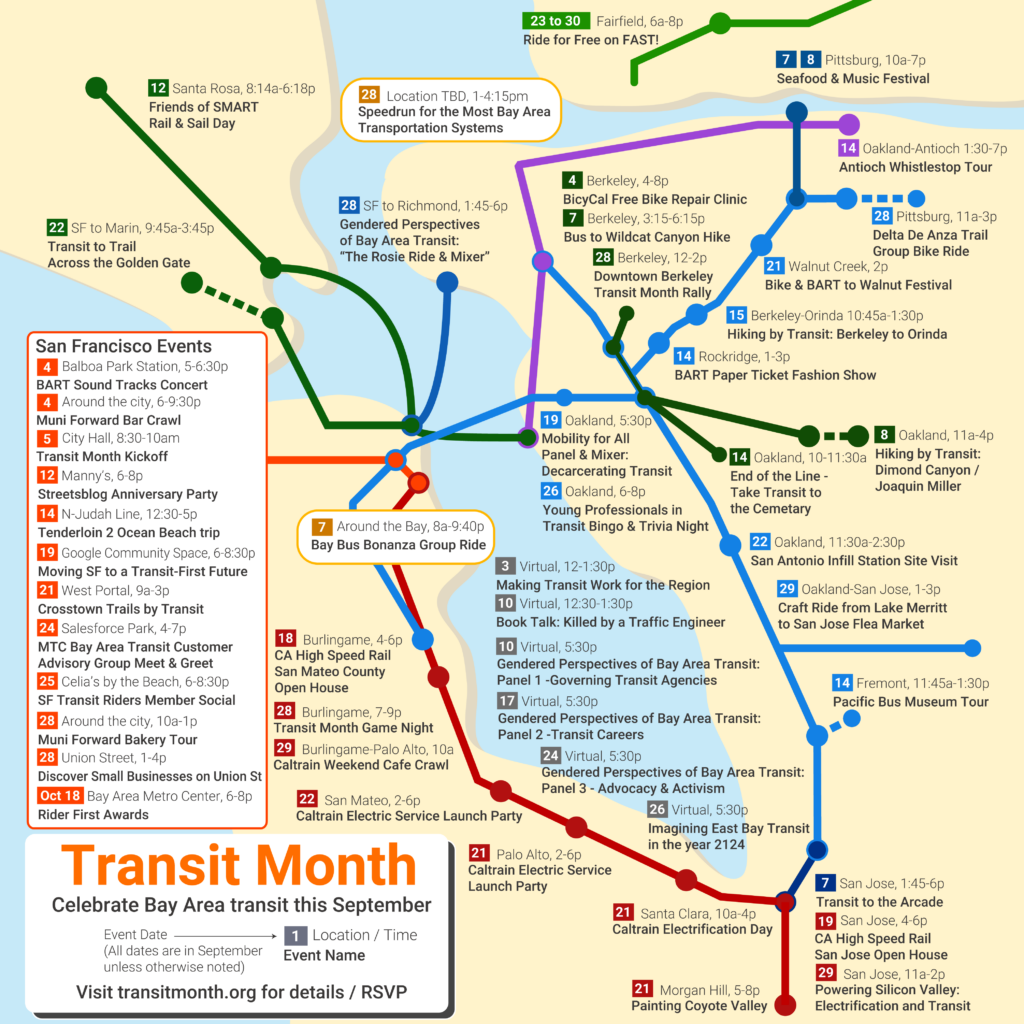 A colorful event map showcasing various activities and transportation routes for Transit Month in the Bay Area, September 2023. The map includes event numbers, dates, and descriptions, highlighting activities in different locations and transit routes to help you get involved and make the most of this vibrant month.
