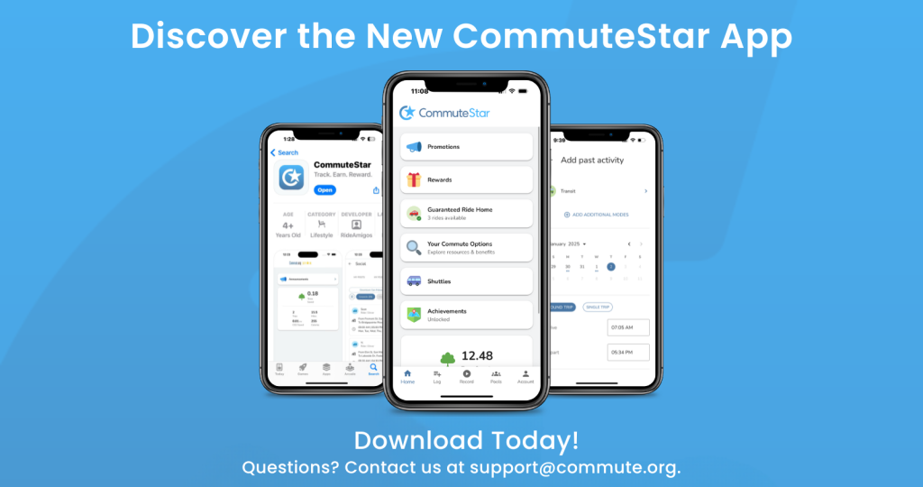 Promotional image for the CommuteStar app showing four smartphone screens with app features. Text reads: "Discover the New CommuteStar App. Download Today! Questions? Contact us at support@commute.org." Background is blue.