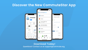 Promotional image for the CommuteStar app showing four smartphone screens with app features. Text reads: "Discover the New CommuteStar App. Download Today! Questions? Contact us at support@commute.org." Background is blue.