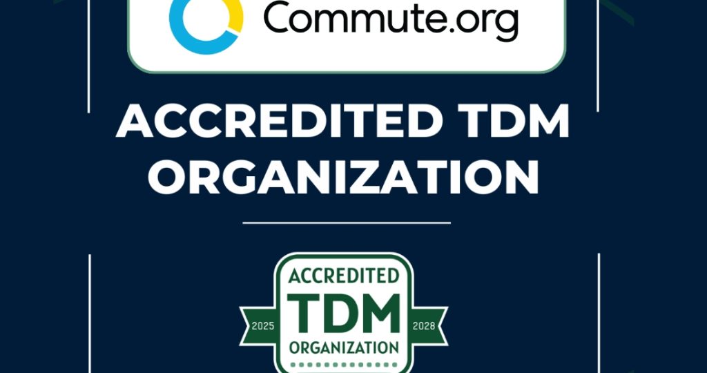 Logo for Commute.org above the text "Accredited TDM Organization" with a green badge labeled "TDM Accreditation 2023-2025" on a dark blue background.