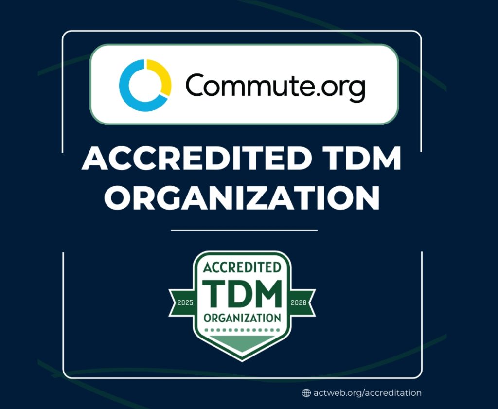 Logo for Commute.org above the text "Accredited TDM Organization" with a green badge labeled "TDM Accreditation 2023-2025" on a dark blue background.