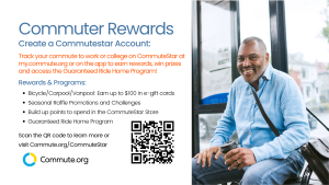 A man smiling, sitting on a bench with a bag. To the left, text promotes "Commuter Rewards" for creating a CommuteStar account, highlighting TDM resources for employers. It details rewards for commuting, includes a QR code, and features the Commute.org logo.