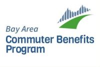 Logo for the Bay Area Commuter Benefits Program with text and a graphic. The design incorporates TDM resources for employers, featuring a stylized path and two blue peaks resembling upward-moving bar graphs, symbolizing progress or movement.