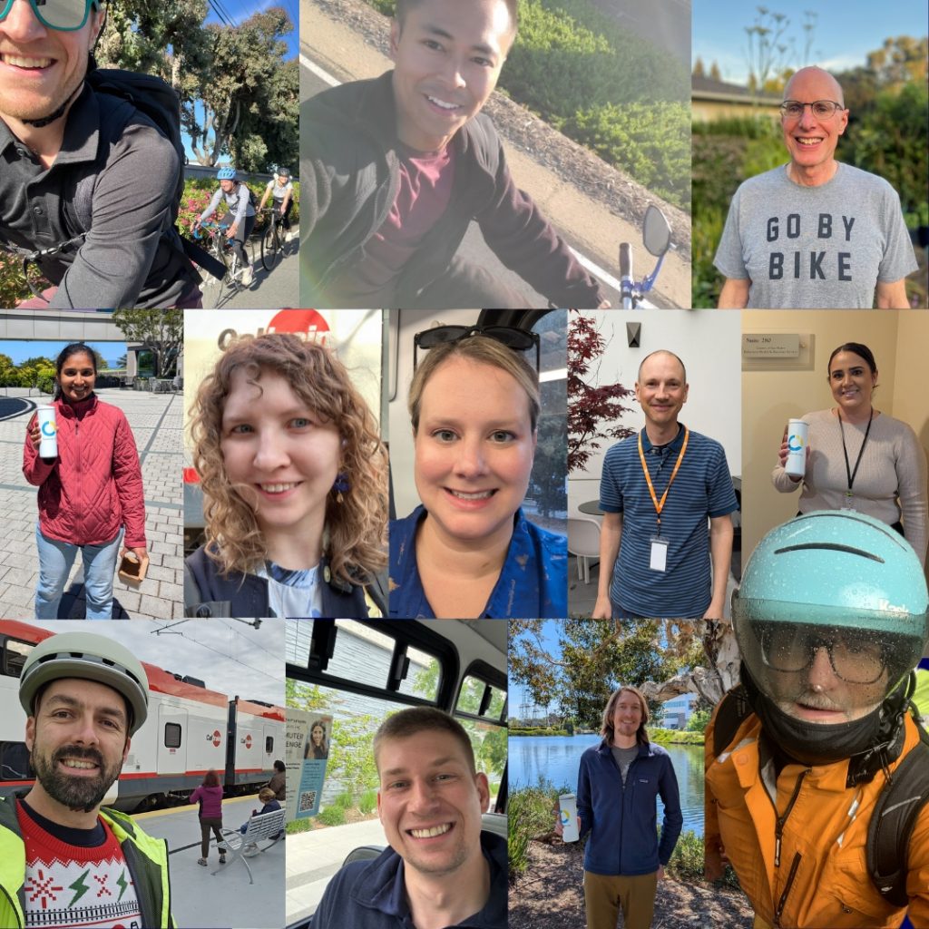 A collage of twelve people smiling in various outdoor and indoor settings during the Commuter Challenge 2025, including a person with a bike helmet and sunglasses. Several hold cans or bottles, some wear lanyards, and one shirt says "GO BY BIKE.