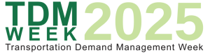 Logo for TDM Week 2025. The text reads “TDM WEEK 2025 Transportation Demand Management Week” in green and black on a white background—Celebrate TDM and Hop on Board with us!.