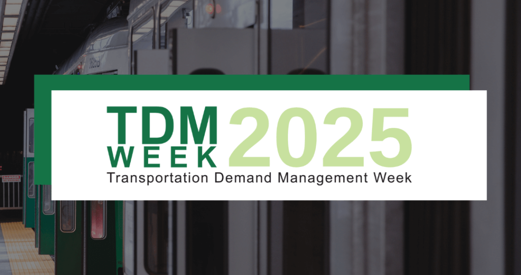 A train at a station platform with a graphic overlay that reads "TDM Week 2025, Transportation Demand Management Week, September 15-19," featuring the ACT (Association for Commuter Transportation) logo and highlighting TDM Week initiatives.