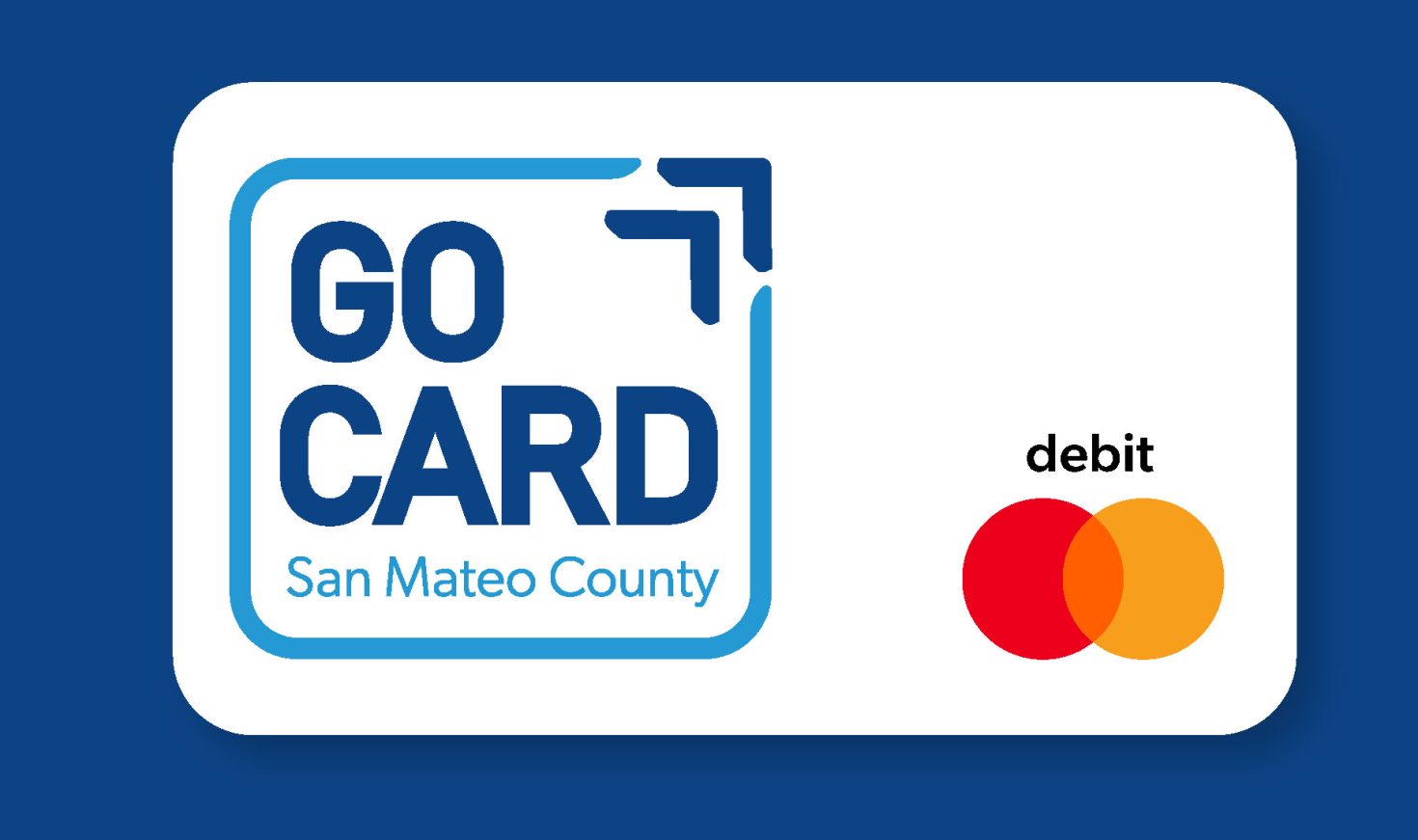 A white debit card featuring “GO CARD San Mateo County” in blue on the left and the Mastercard logo with "debit" on the right, set against a dark blue background. Ideal for Transportation Assistance Programs for San Mateo County Commuters.