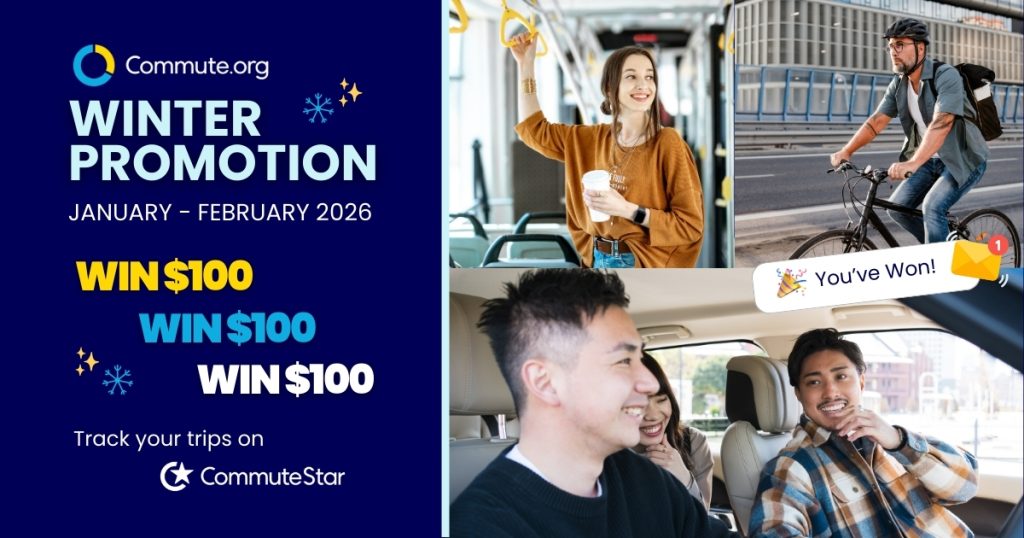 Promotional graphic for Commute.org's Winter Promotion, January–February 2026. Log Your Summer Commute for a Chance to Win $100! Photos show biking, transit, and carpooling. Track trips on CommuteStar to enter.