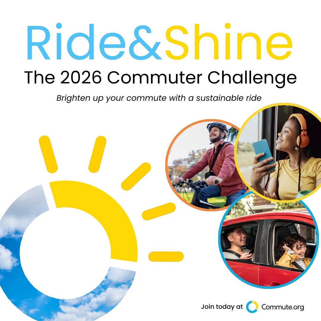 Ride & Shine: Commuter Challenge 2025. "Brighten up your commute with a sustainable ride." Images show a bike rider, a woman on transit with headphones, and a child waving from a car. Commute.org logo included.