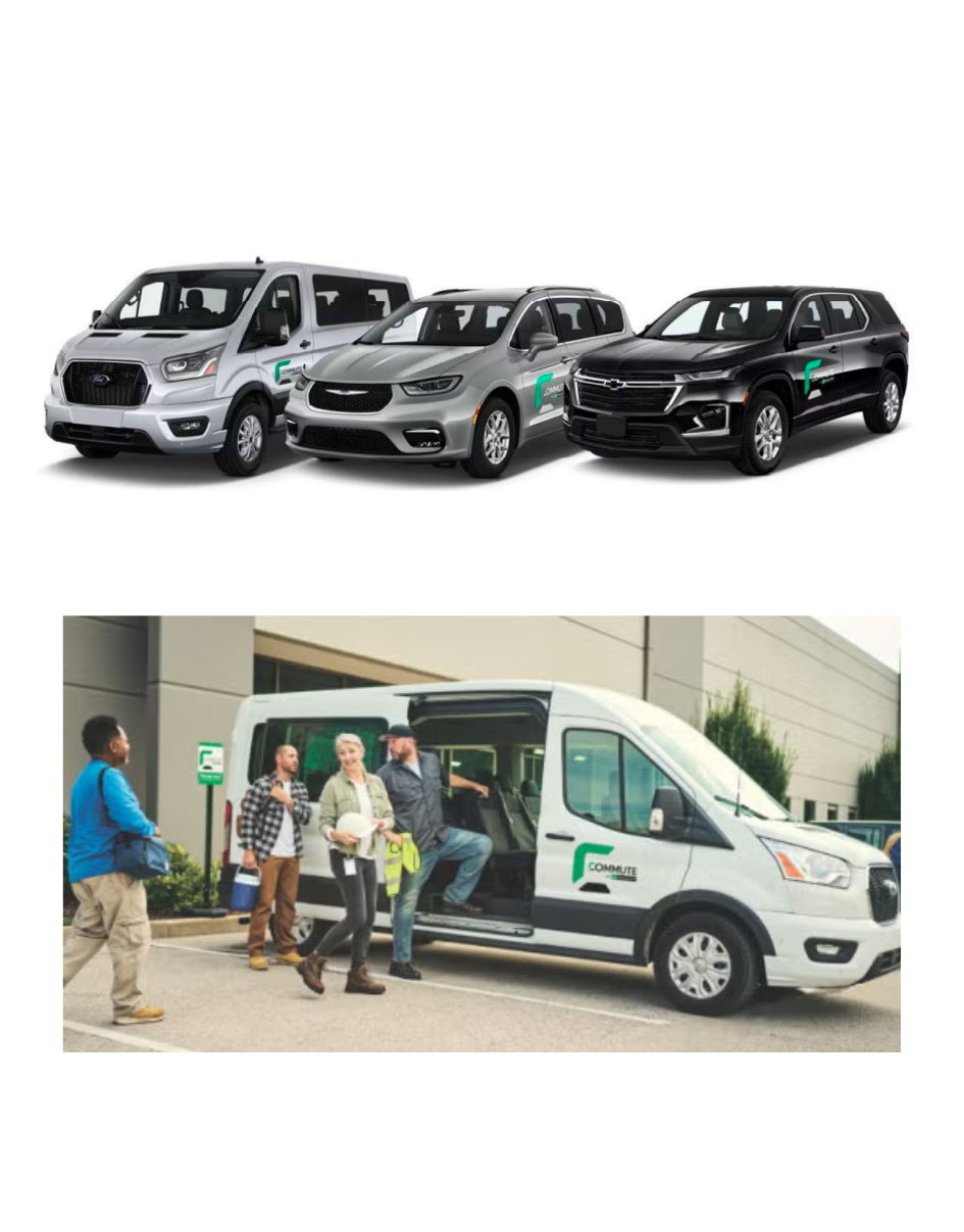 Three shuttle vans are parked in a row. Below, people stand outside a building as a group exits a white shuttle van with a logo, highlighting a vanpool or transportation service, possibly linked to a Vanpool Subsidy for commuters.