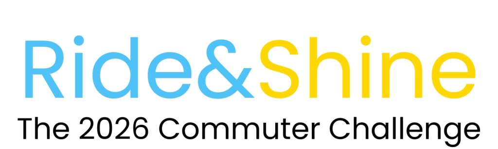 Logo with the words “Ride & Shine” in blue and yellow, and “The Commuter Challenge 2025” in bold black text below.