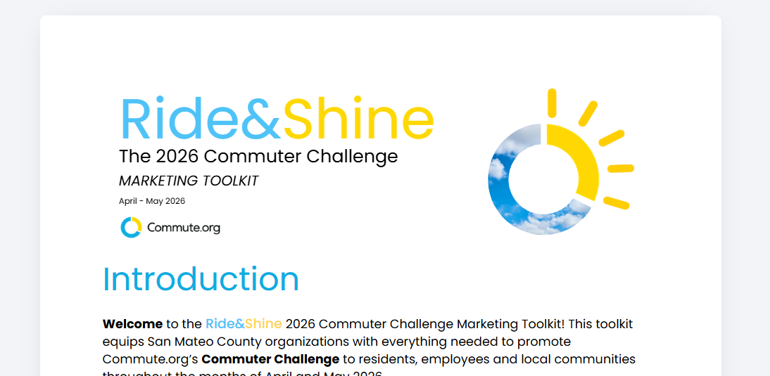 Screenshot of a marketing toolkit titled "Ride & Shine: The Commuter Challenge 2025," featuring a sun graphic and introductory text about promoting commuting in San Mateo County.