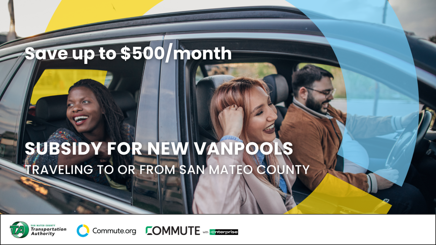 Three people smiling and laughing in a car, with text promoting a subsidy of up to $500/month for new vanpools to or from San Mateo County. TDM resources for employers and organization logos appear at the bottom.