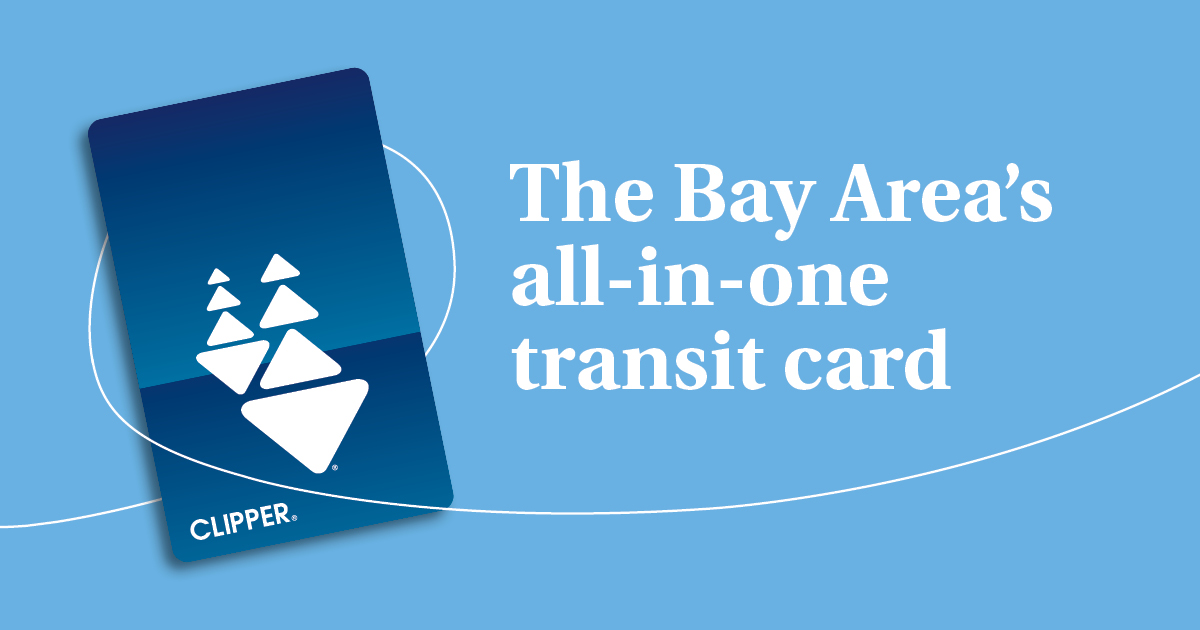 A blue Clipper card is displayed on a light blue background next to the text: "The Bay Area’s all-in-one transit card." White curved lines accent the design, highlighting TDM resources for employers seeking smarter commuting solutions.
