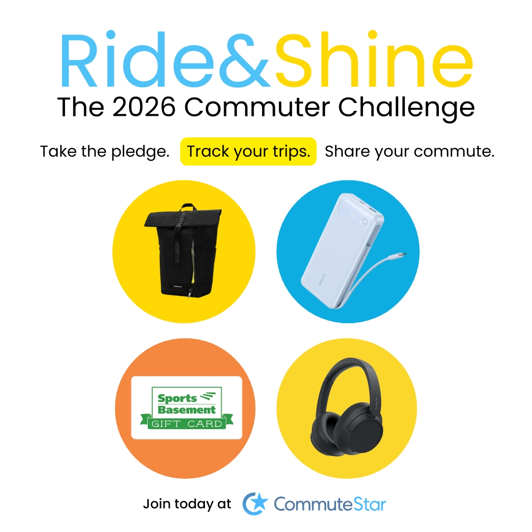 Promotional image for the Commuter Challenge 2025, featuring a backpack, portable charger, Sports Basement gift card, and headphones as prizes. Text encourages tracking trips and sharing commutes with CommuteStar.
