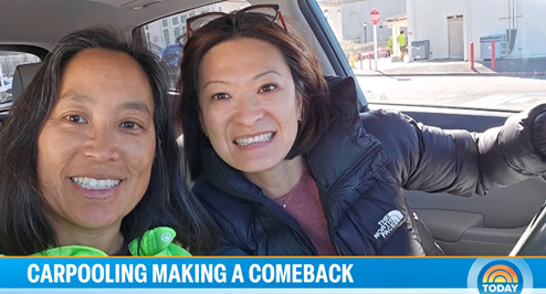Two women smiling and sitting in a car, one in the driver's seat and one in the passenger seat, with a banner reading "Carpooling Making a Comeback" and the TODAY show logo, highlighting a Carpooling News Segment.