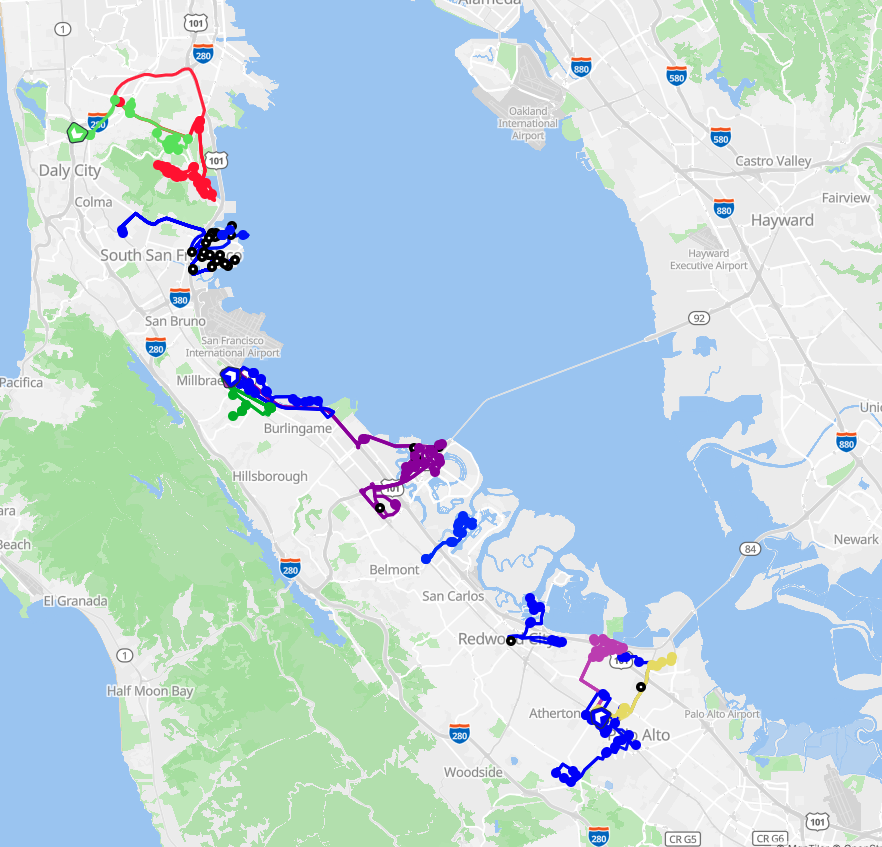 A map of the San Francisco Bay Area with several colored routes and markers highlights paths and locations from Daly City to Palo Alto, including main highways, city streets, and popular Commuter Shuttles.