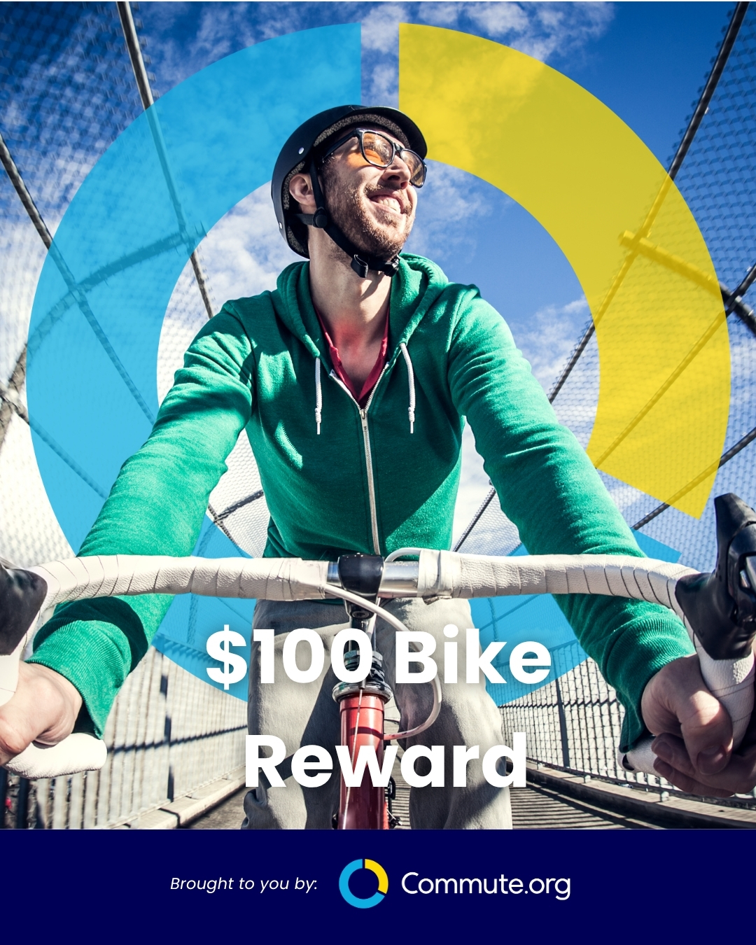 Smiling cyclist wearing a helmet and sunglasses rides on a bridge; graphic text reads “$100 Bike Reward” with the Commute.org logo below, promoting commute alternatives for San Mateo County commuters.