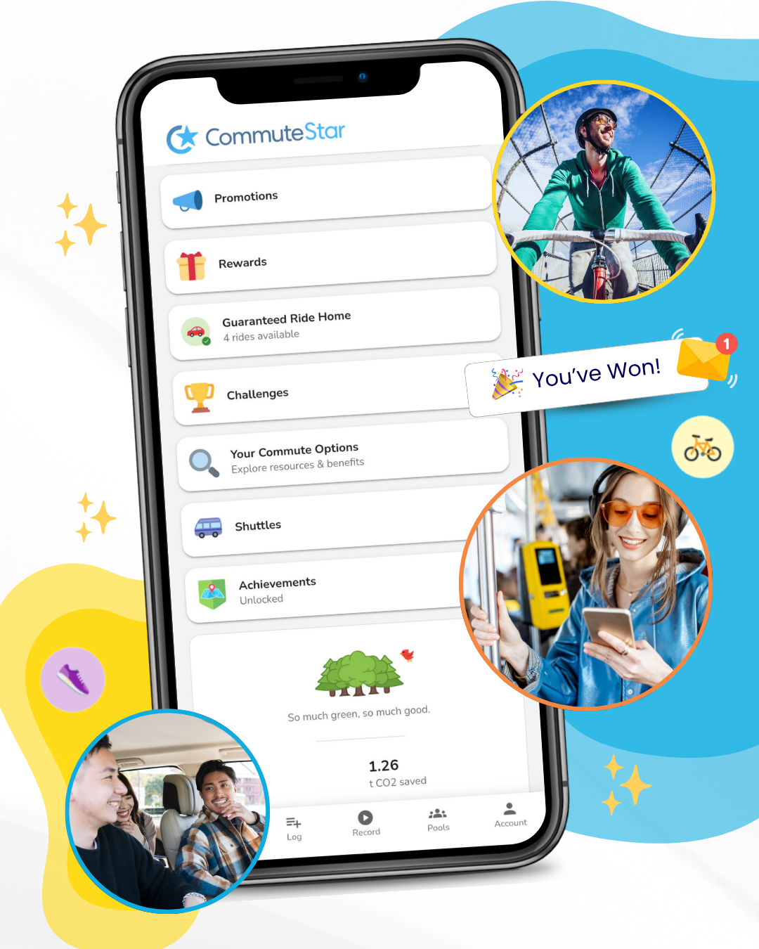 Smartphone displaying the CommuteStar app with commute options and achievements, highlighting commute alternatives for San Mateo County commuters. Surrounding images show people biking, riding transit, and carpooling. A notification reads “You’ve Won!” with celebratory icons.