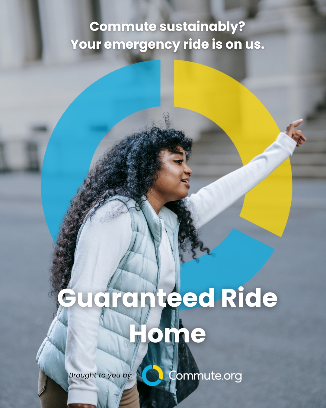 A person hails a ride on a city street with text promoting Commute.org’s Guaranteed Ride Home program for sustainable commuting, highlighting commute alternatives for San Mateo County commuters. A blue and yellow graphic logo appears in the background.